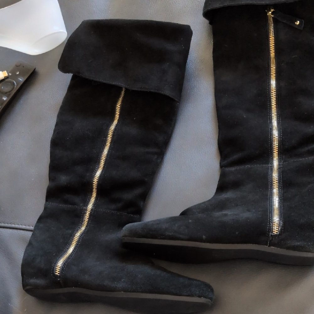 Steve Madden Black and Gold Over the Knee Boots